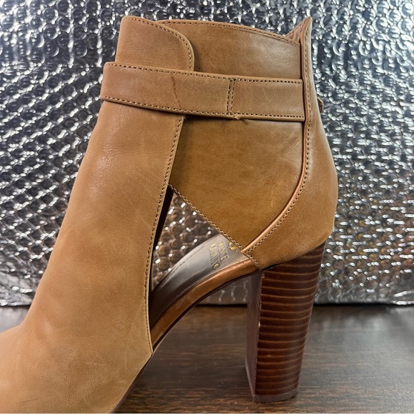 Vince Camuto Venica Bootie Size 10 Eu 40 Tan Buckled Leather 5 In Heel Open Toe - Picture 9 of 14
